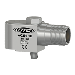 A render of a stainless steel, compact size CTC AC294 side exit accelerometer engraved with the CTC Logo, part number, serial number, and CE logo.